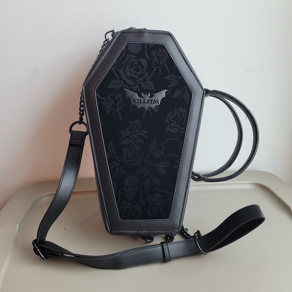 Killstar Grave Digger Coffin Purse Black Velvet Flocked Skull Rose Gothic Bag
